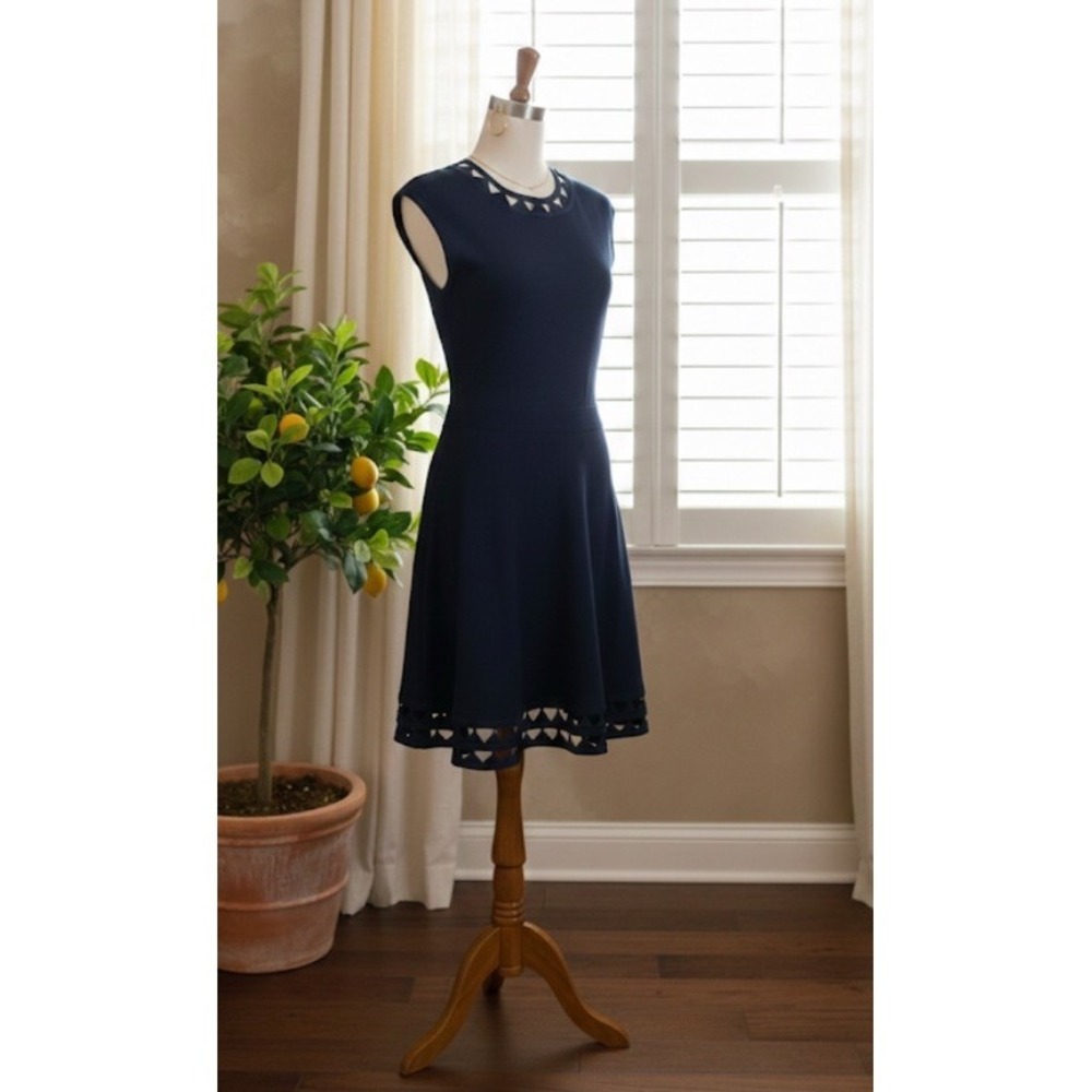 TED BAKER Kathryn Navy Skater Dress Sz 5 US 12 Artistic Cutwork Timeless Luxury